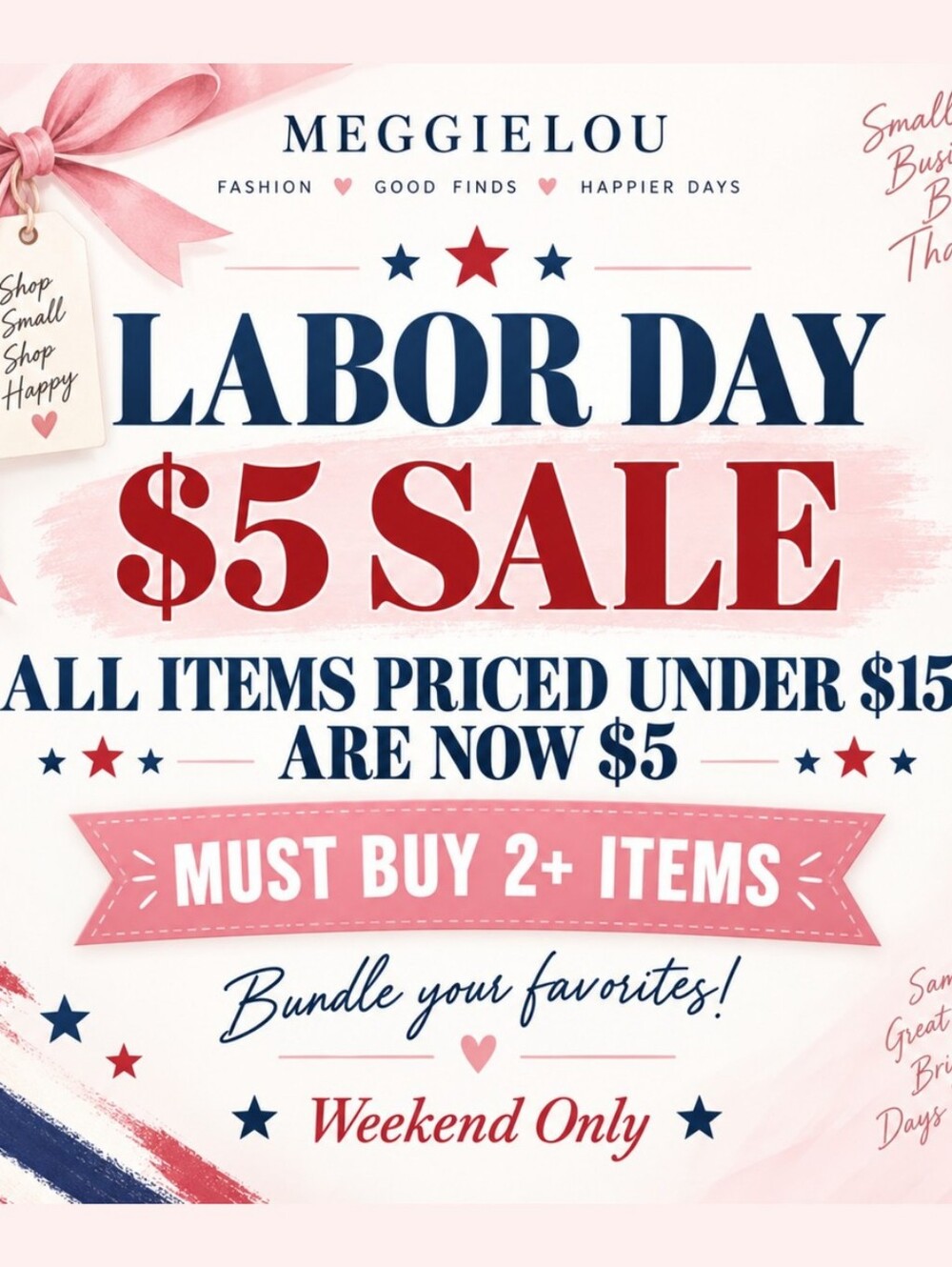 Labor Day $5 Sale Poster - Pink, Red & Navy Party Sign